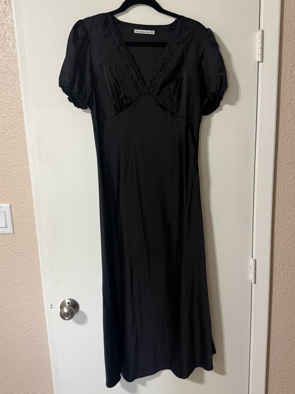 Abercrombie & Fitch Black Satin Midi Dress with Puff Sleeves